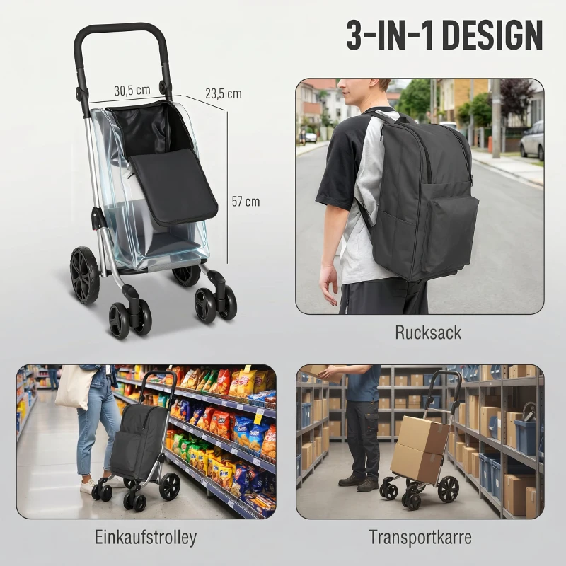 HOMCOM Einkaufstrolley, 46 Liter Tasche, Faltbarer Einkaufswagen mit Kühltasche, verstellbarer Griff, Aluminiumrahmen, Dunkelgrau