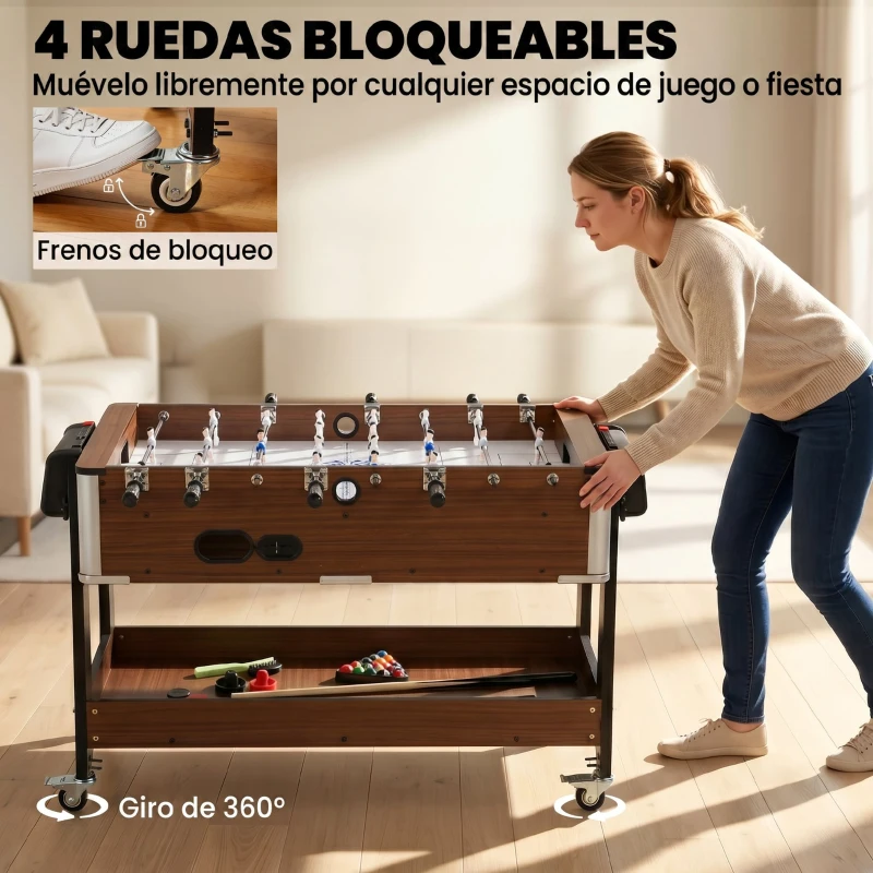 SPORTNOW Mesa Multijuegos 3 en 1 con Ruedas con Freno Estante de Almacenaje Futbolines para Niños Billar Air Hockey Nogal
