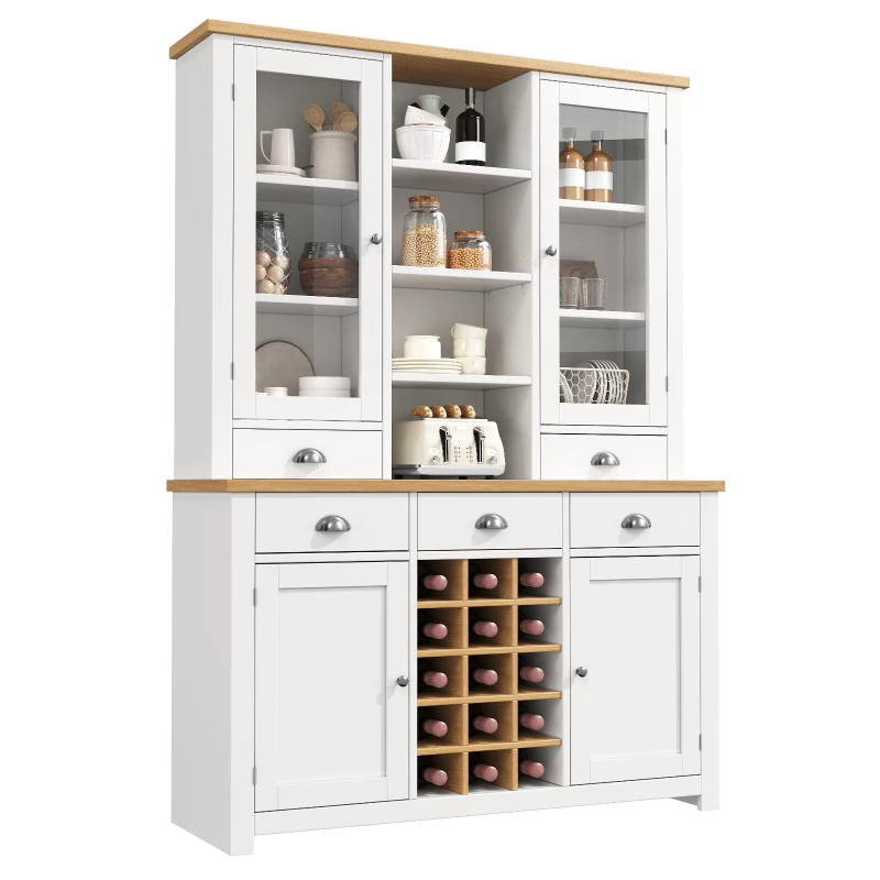 Kitchen Pantry Cabinet with Wine Rack and Adjustable Shelves, Glass-Door Buffet Sideboard with 5 Deep Drawers, 120L x 40W x 185H cm, White