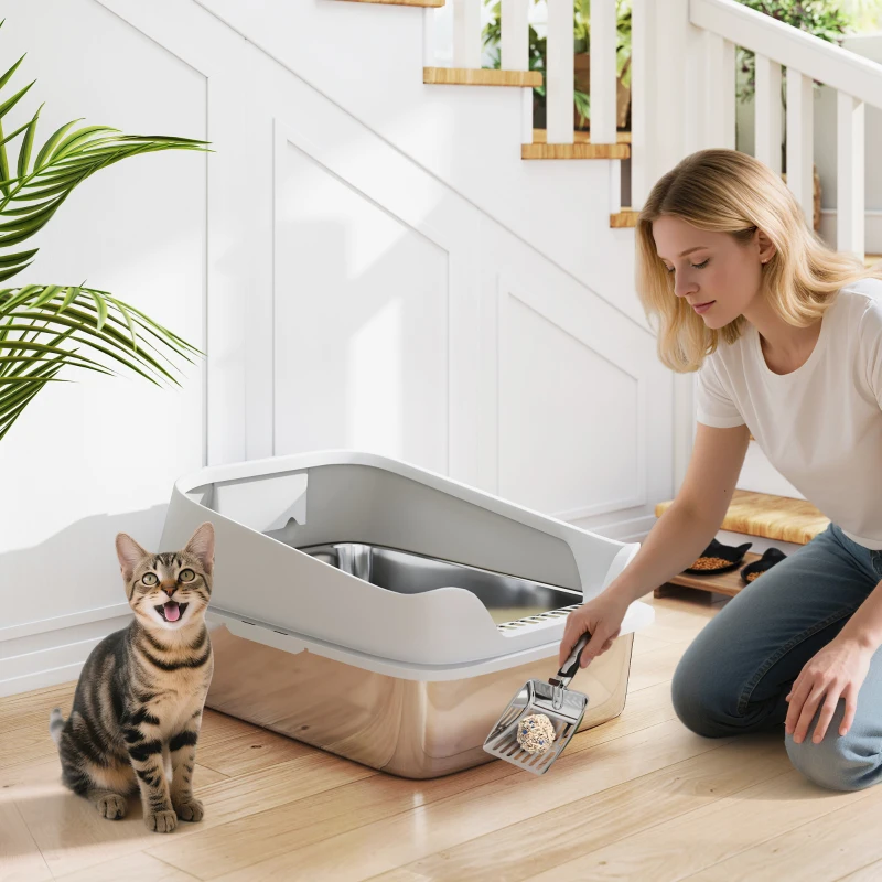 PawHut Katzentoilette Edelstahl Offene Katzenklo mit Schaufel hohem Rand für große Katzen bis 7 kg, 60,2 x 40,2 x 29,7 cm, Grau