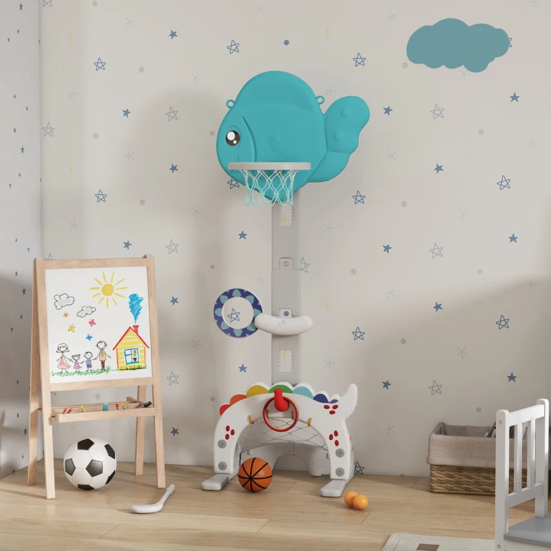 AIYAPLAY Panier de basket-ball pour enfants 5 en 1 hauteur réglable but de football balle de golf lancer d'anneaux bleu et gris