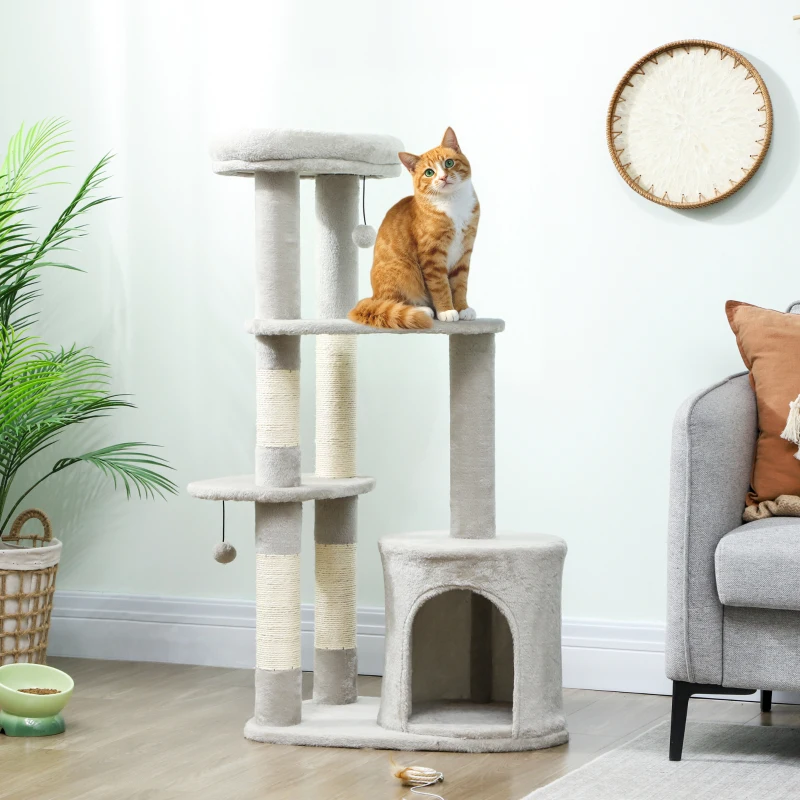 PawHut Kratzbaum 114 cm Katzenturm mit Höhle, Sisalstämme, Plattform, mehrstöckig ür mittelgroße Katzen unter 6 kg, Hellgrau