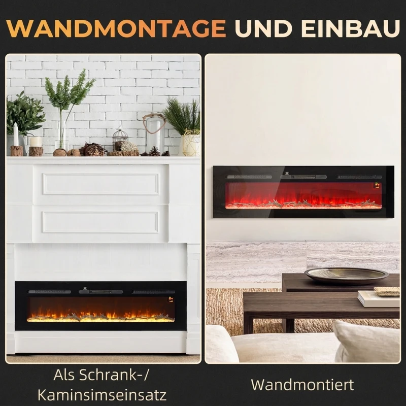 HOMCOM Elektrischer Kamin mit Wandhalterung und Fernbedienung, künstliche Holzscheite und Kristalle, 1800W Leistung, Schwarz