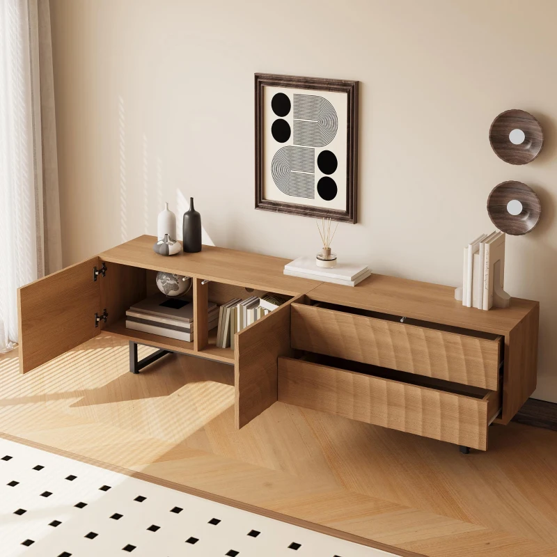 Practical TV Cabinet with 2-Door Cabinet and 2 Drawers, Solid TV Stand with Metal Legs and Particleboard Frame, 180L x 38W x 51.5H cm, Wood
