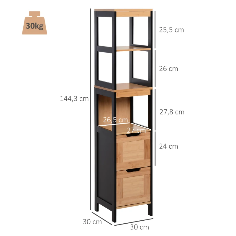 kleankin Armario Alto para Baño con 3 Estantes y 2 Cajones Estilo Moderno 30x30x142,5 cm Negro y Natural
