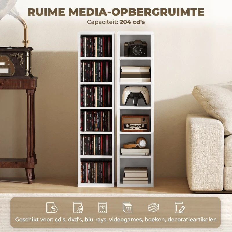 HOMCOM 204 CD-opbergrek in 2-delige set, Blu-ray torenkast met verstelbare planken, Boekenrek organizer, Wit