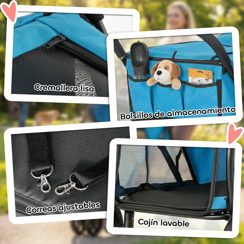 PawHut Carrito para Perros Plegable con 3 Ruedas Ventanas de Malla Cojín Lavable Todo Terreno Carga 20 kg 92x63x95 cm Azul