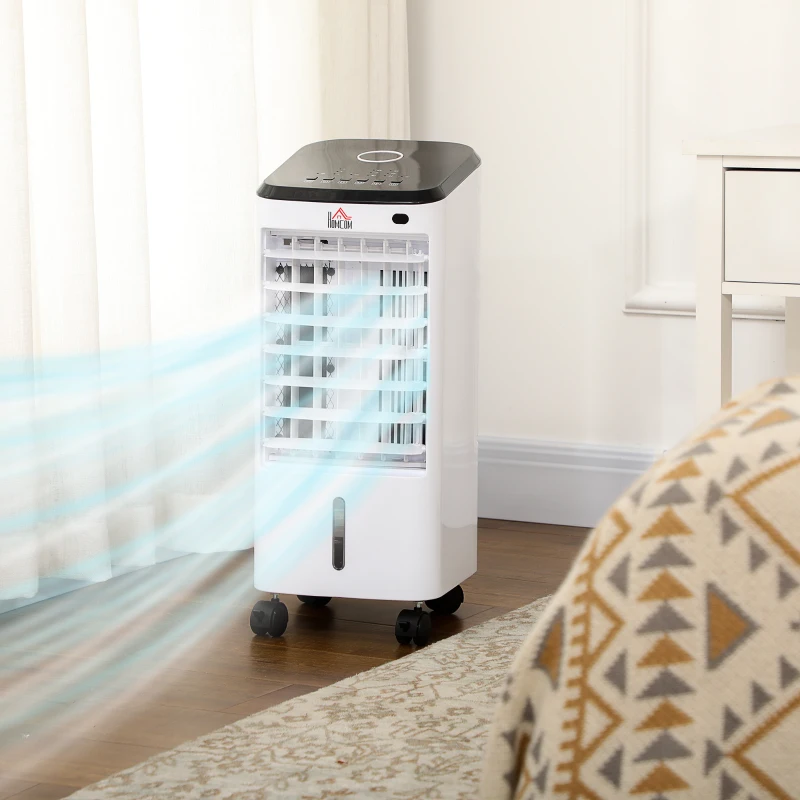 HOMCOM Raffrescatore Evaporativo 3 in 1, Ventilatore, Umidificatore con Ghiaccio e Deumidificatore, Bianco