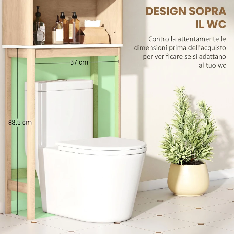HOMCOM Mobile Sopra WC con Armadietto a 2 Ante e Ripiano Aperto, Barra Inferiore, 66x25x168 cm, Rovere