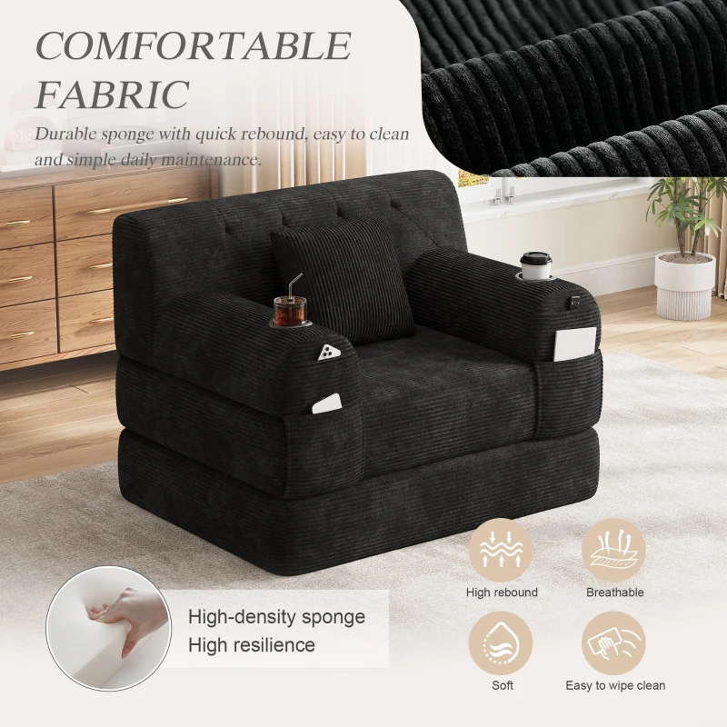 1-Seater Sleeper Sofa with Metal Frame and High-Density Foam, Single Convertible Chair Bed for Cosy Interiors, 107L x 80W x 81H cm, Black