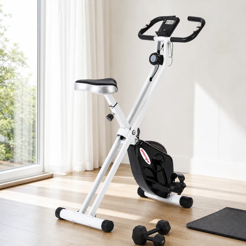 SPORTNOW Bicicleta Estática Plegable 8 Niveles Resistencia Magnética Monitor LCD Asiento Ajustable Sensor Ritmo Soporte Teléfono