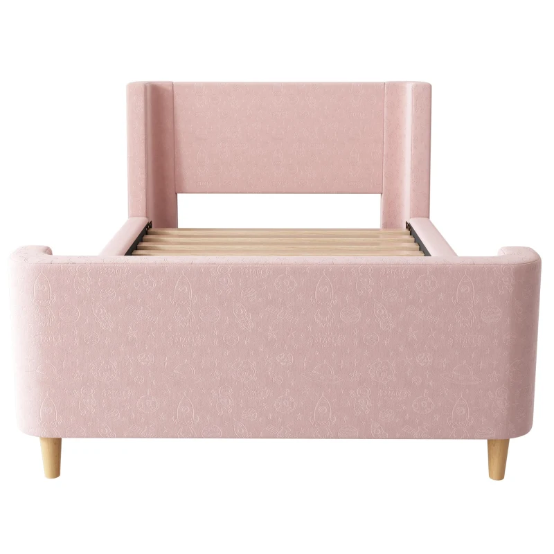 Upholstered Single Bed with Cosmic Print and Padded Headboard, Pink Velvet Bed Frame for Contemporary Bedrooms, 206L x 99W x 76H cm, Pink