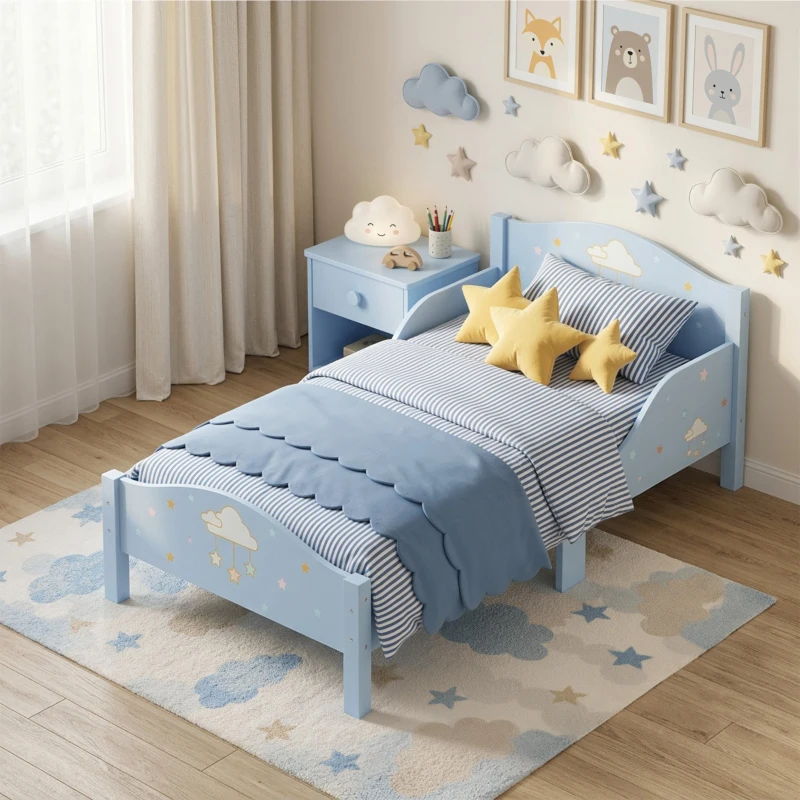 AIYAPLAY Cama Montessori para Niños 3-6 Años 146x76,5 cm con Barandillas Anticaídas Forma de Nube para Dormitorio Azul