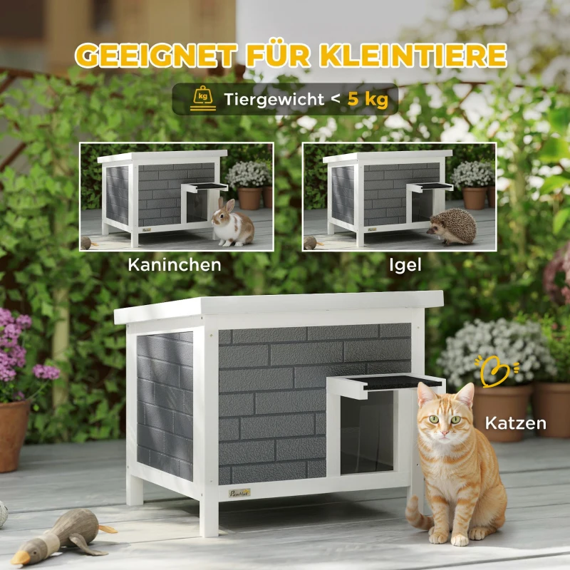 PawHut Katzenhaus Wetterfeste Katzenhütte aus Holz mit aufklappbarem Dach Aluminium-Isolierplatten Asphaltdach 61x51x53,5 cm