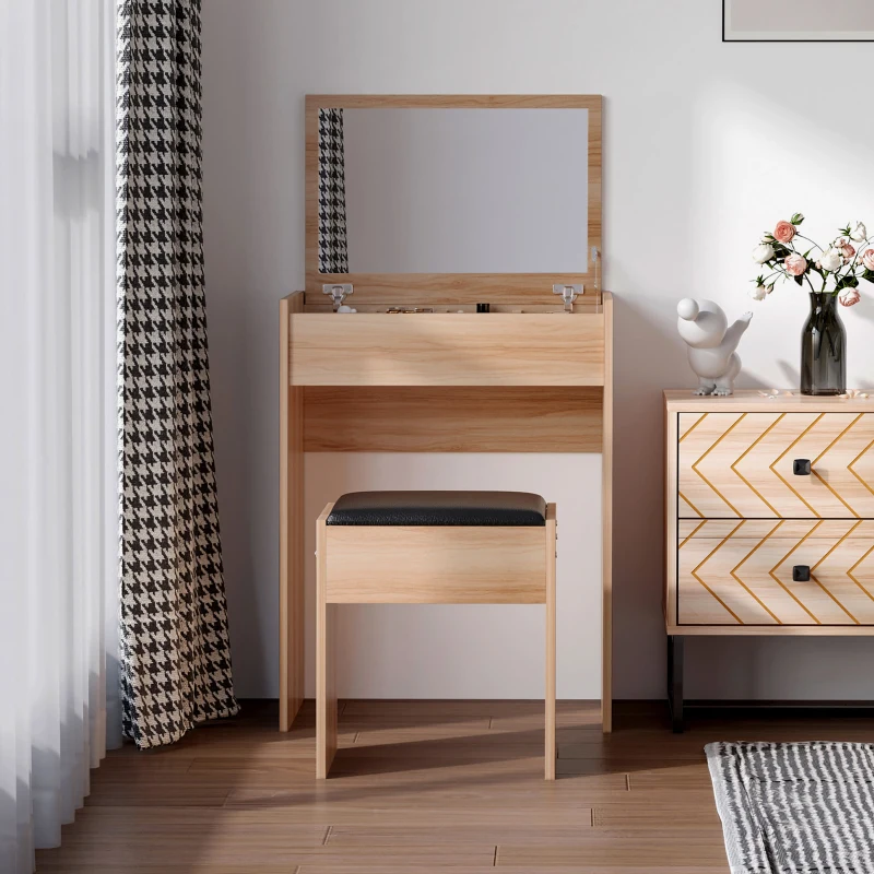 HOMCOM Dressing Table with Mirror and Stool, Vanity Makeup Table with Flip Up Mirror, Vanity Desk with Storage Unit and Padded Seat, Wood