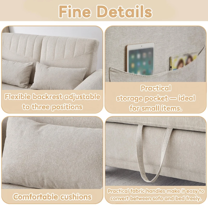 Adjustable Sofa Bed with 3-Level Backrest, Comfortable Couch for Small Apartments, Living Rooms, or Bedrooms, 112L x 169W x 59H cm, Beige