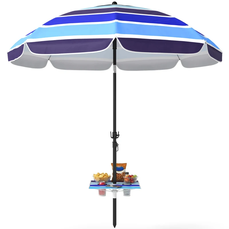 Outsunny Sombrilla de Playa con Mesa Plegable y Portavasos Ø198 cm Altura Ajustable Inclinación Bolsa de Transporte Multicolor