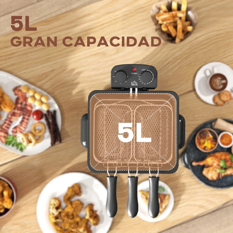 HOMCOM Freidora 5L Temperatura Ajustable hasta 190°C Ventana Visualización Protección Sobrecalentamiento Temporizador 60 min