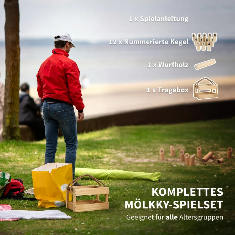 SPORTNOW Wikingerspiel Wurfspiel Holz Kubb Wikingerspiel mit 12 Skittles 1 Stock Transportbox für Familie Gruppen