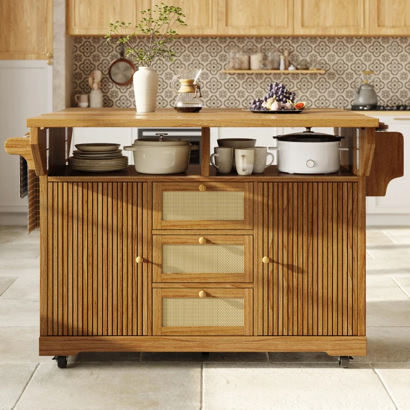 Foldable Serving Trolley with Ample Storage and Snack Racks, Mobile Kitchen Island for Balconies or Dining Room, 142.5L x 40W x 95H cm, Dark Brown