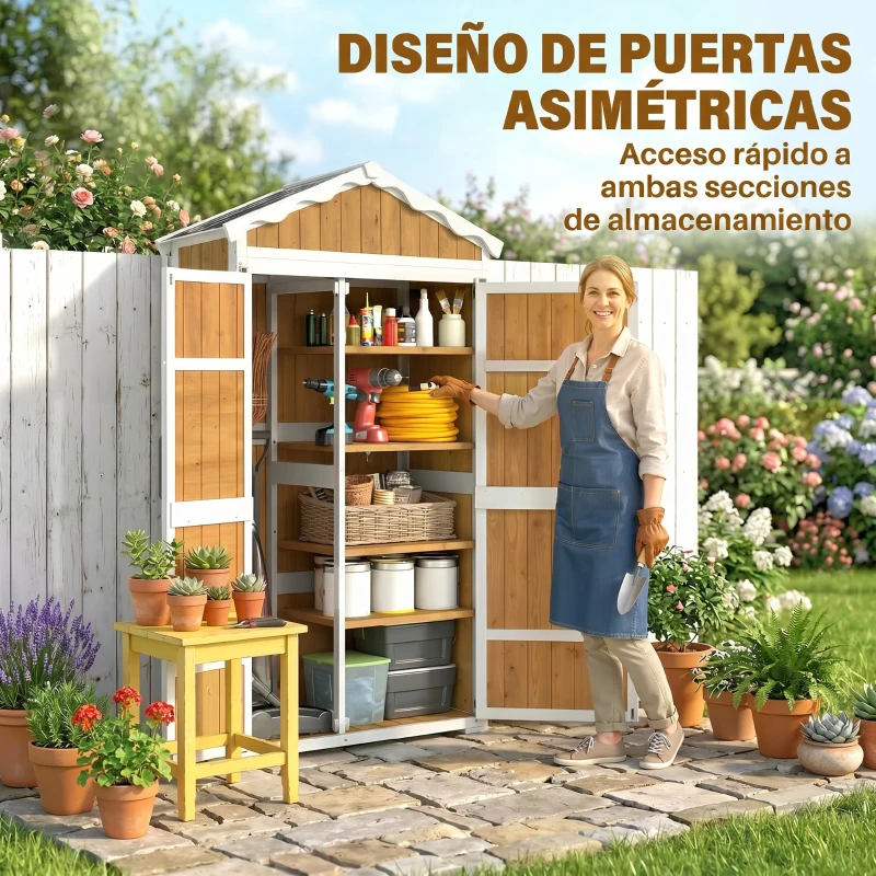 Outsunny Caseta de Jardín de Madera 105x55x179 cm Armario para Herramientas con 4 Estantes Techo de Metal Galvanizado Natural