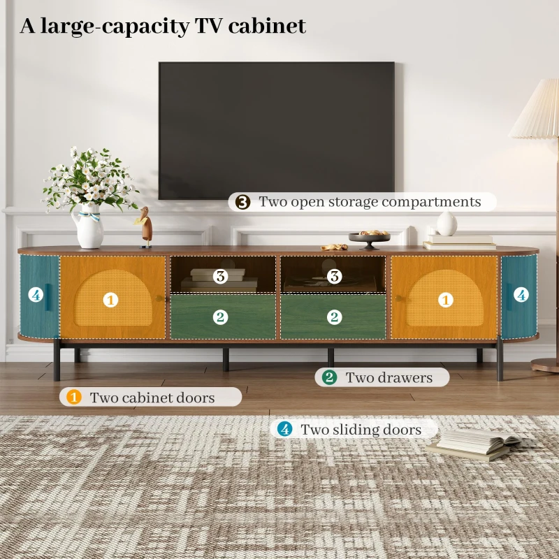 Space-Saving TV Stand with 2 Sliding Doors and 2 Drawers, Stylish TV Cabinet with Rattan Doors and Metal legs, 200L x 40W x 50H cm, Walnut