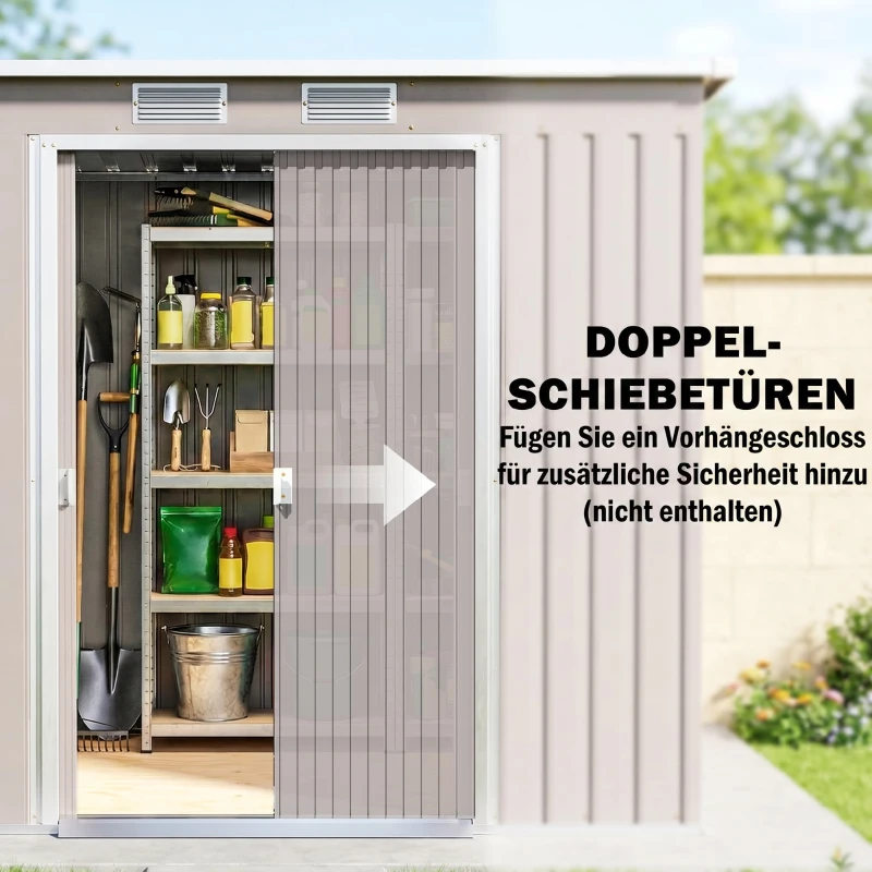 Outsunny Geräteschuppen, mit Lüftungsfenstern, Schiebetüren, verzinkter Stahl, 213 x 130 x 172 cm, Hellgrau
