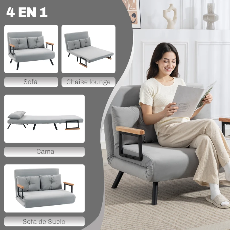 HOMCOM Sofá Cama Convertible 4 en 1 Sofá Cama 2 Plazas Plegable Respaldo Ajustable de 5 Niveles Almohadas 102x73x81cm Gris