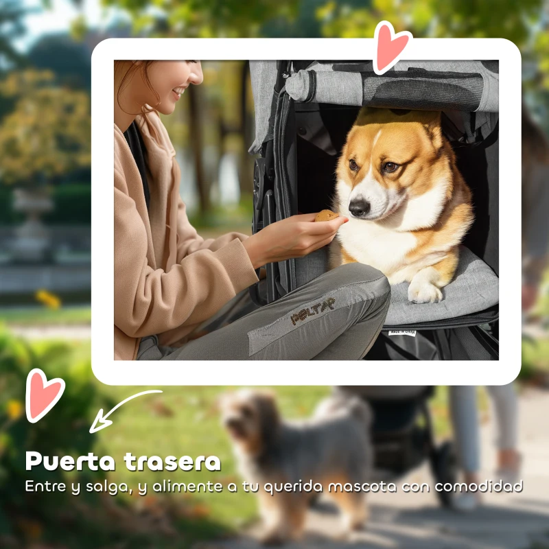 PawHut Carrito para Perros con 3 Ruedas Ventanas de Malla Cesta de Almacenaje y Correas de Seguridad 109,5x57,5x106,5 cm Gris