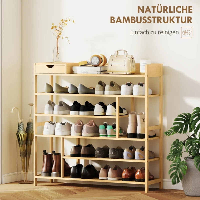 HOMCOM Schoenenrek, Schoenenhouder met 6 niveaus, Lade van bamboe, voor max. 18 paar schoenen, Schoenplank voor entree, slaapkamer, 101 x 30 x 100 cm, Natuur
