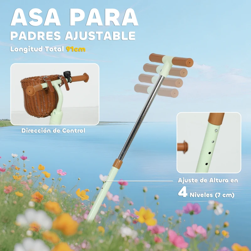 AIYAPLAY Triciclo para Bebés 2 en 1 para 2-5 Años con Barra Parental Pedales Antideslizantes, Reposapiés Plegables y Cesta Verde
