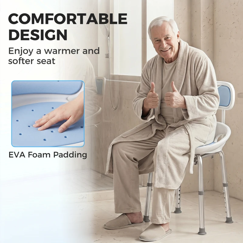 HOMCOM Shower Chair with Padded Seat Adjustable Height Shower Stool Bath Seat with Back and Anti-Slip Feet