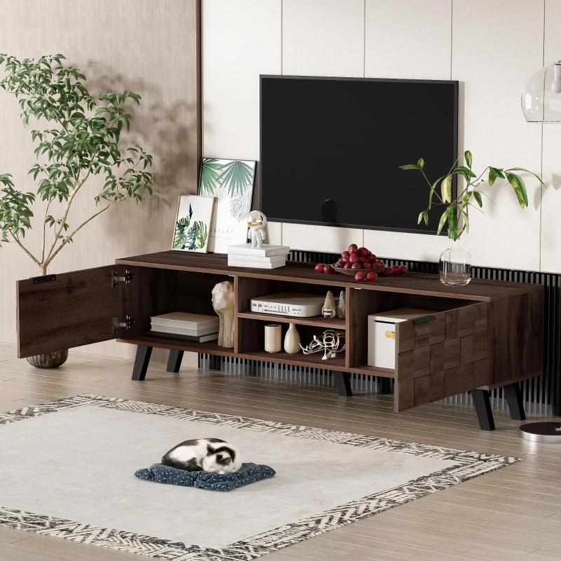 Spacious TV Cabinet with 2 Doors and 2 Open Shelves, Smooth TV Stand with Soft‑Closing Hinges, 160.5L x 35W x 45H cm, Wood