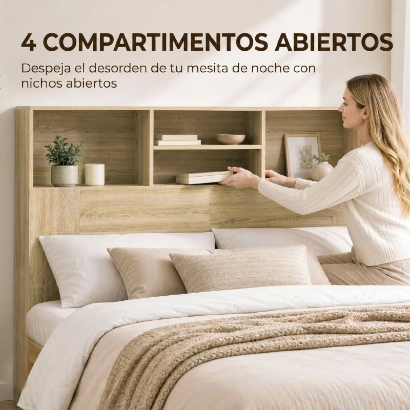 HOMCOM Cabecero de Cama 140 cm con Almacenaje Cabezal de Cama con 4 Compartimentos Abiertos para Dormitorio Roble