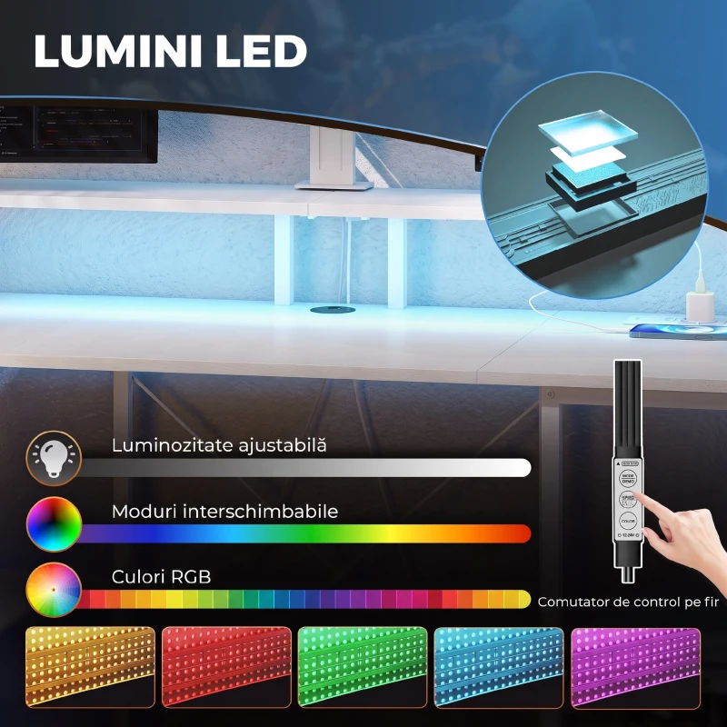 HOMCOM Birou pentru Computer Reversibil cu Rafturi, 120x50 cm, cu Prize și Lumini LED, Alb cu Efect de Lemn