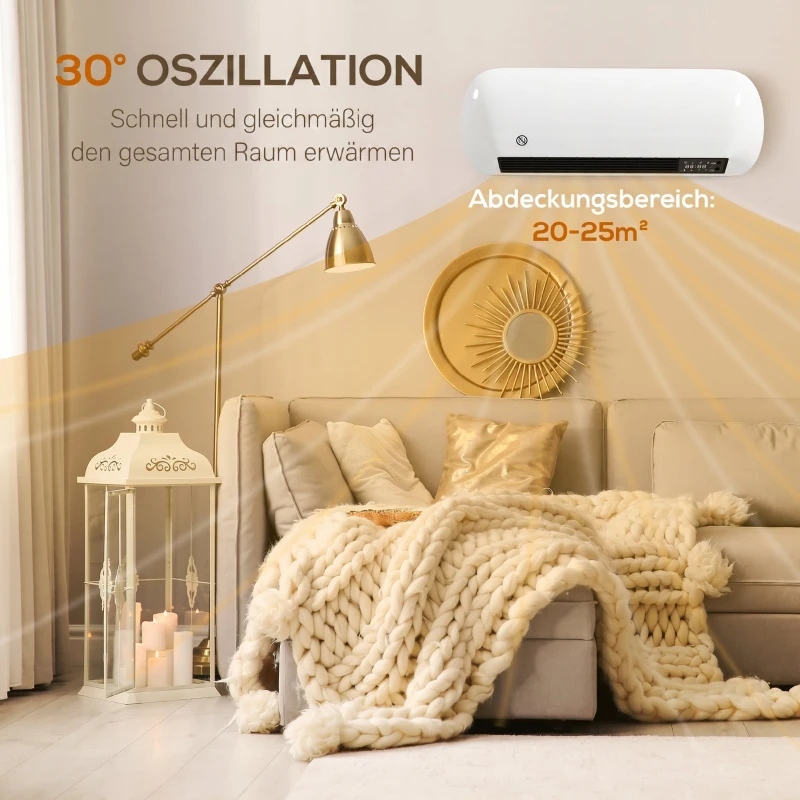 HOMCOM Wand Heizlüfter 2000W Keramik Wandheizgerät mit Ventilator, 2 Leistungsstufen, LED-Display, Thermostat, Weiß