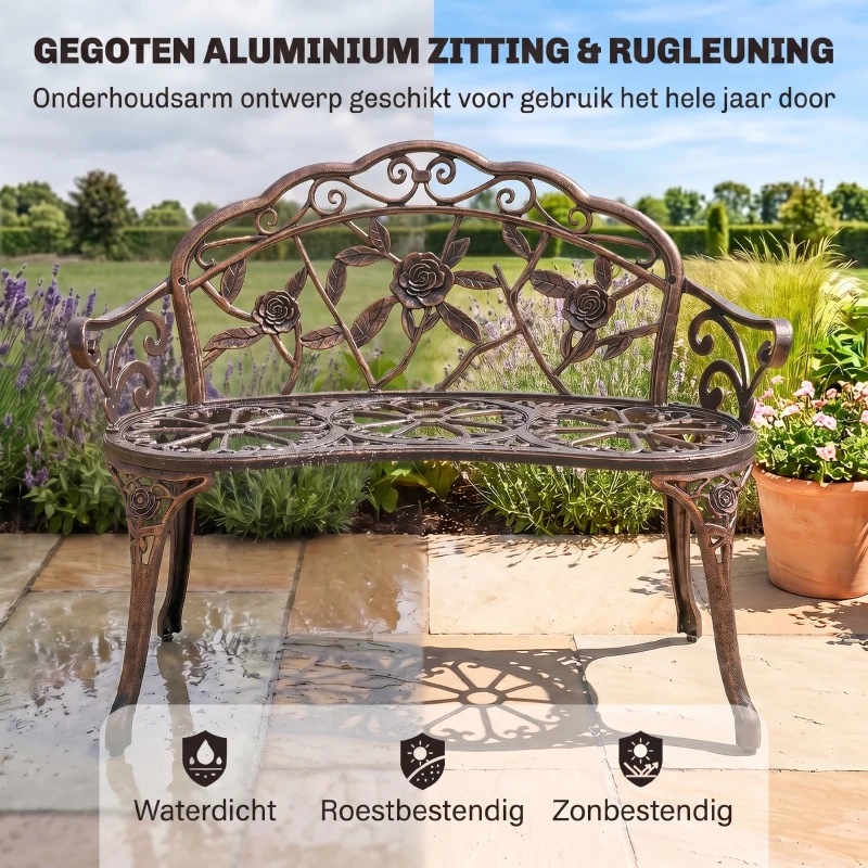 Outsunny Tuinbank 2-zits van metaal, zitbank in retrostijl, parkbank met bloemmotief 100 x 54 x 78 cm, Brons