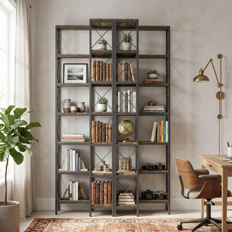 HOMCOM 6-stufiges L-förmiges Bücherregal, freistehendes Eckregal mit Metallrahmen, rustikal braun, 60 x 60 x 200 cm