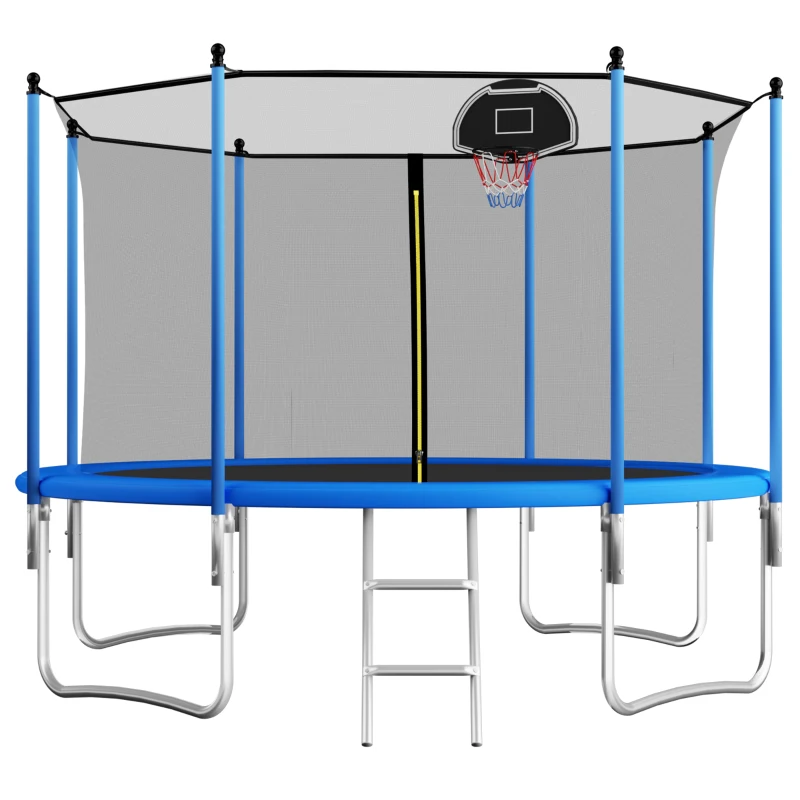 Trampolino da esterno, traverse rinforzate per le gambe, rete di sicurezza con doppia imbottitura, 366x366x256 cm, Blu
