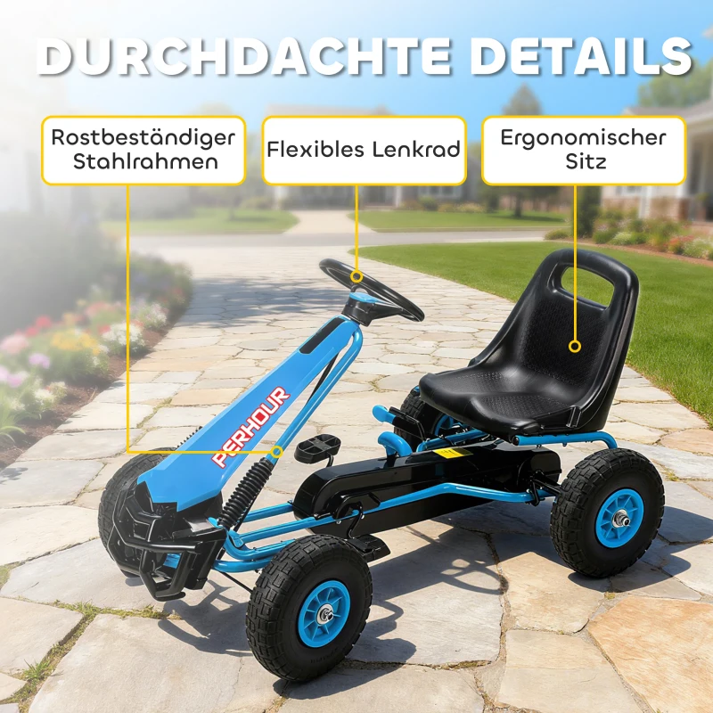 AIYAPLAY Pedal-Gokart für Kinder, höhenverstellbarer Sitz, EVA-Räder, Bremse, Kupplung, 3-8 Jahre, Blau
