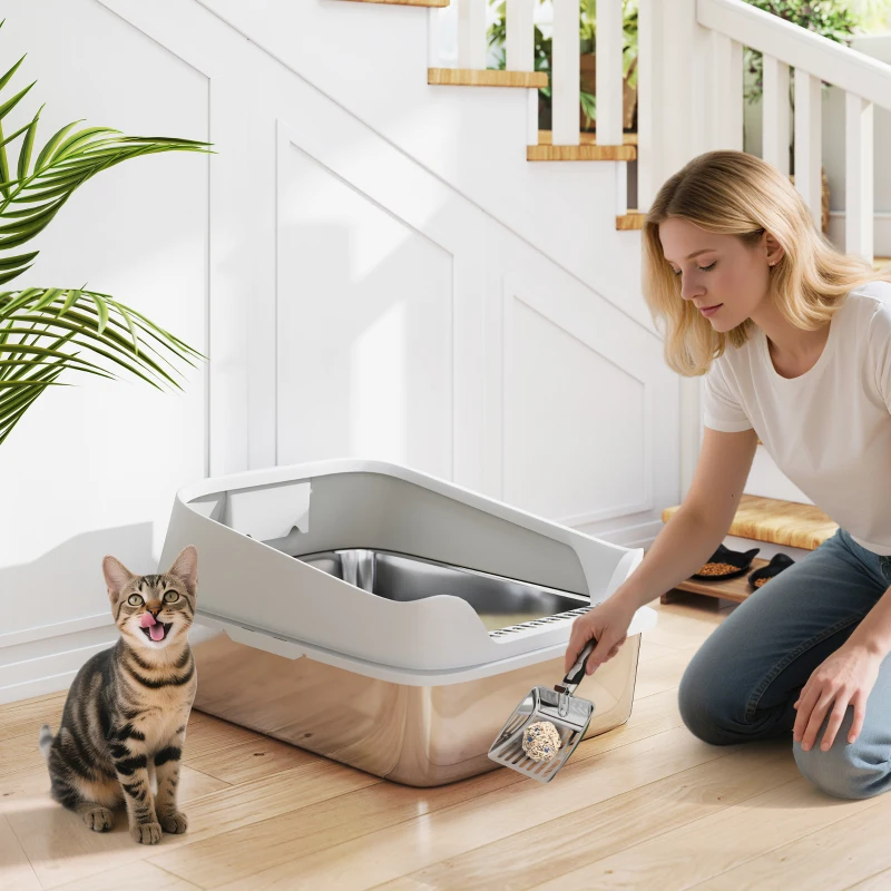 PawHut Katzentoilette Edelstahl Offene Katzenklo mit Schaufel hohem Rand für große Katzen bis 12 kg 69,8 x 50,3 x 29,8 cm Grau