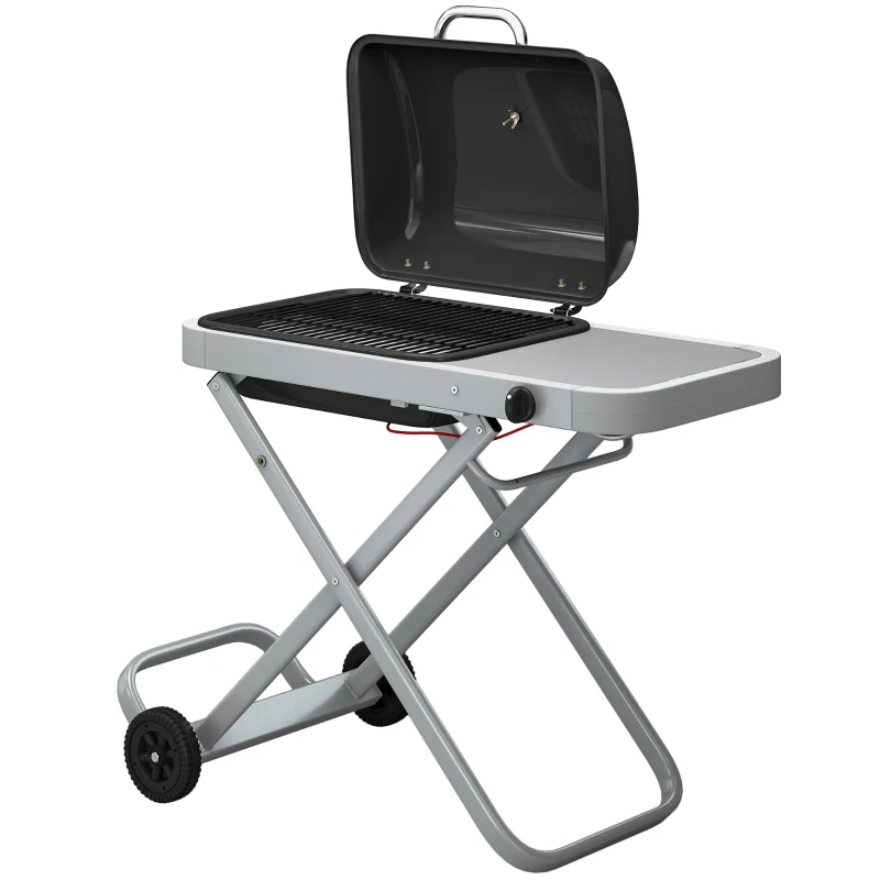 Outsunny Barbacoa de Gas Plegable con Quemador 2,5 kW Tapa Termómetro Mesa Lateral y 2 Ruedas Parrilla Recogedor Grasa Negro