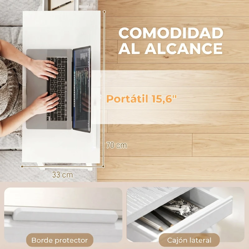 HOMCOM Mesa para Cama Plegable y Ajustable Superficie para Portátil en Bambú con Tablero Inclinable 83,5x33x34 cm Blanco
