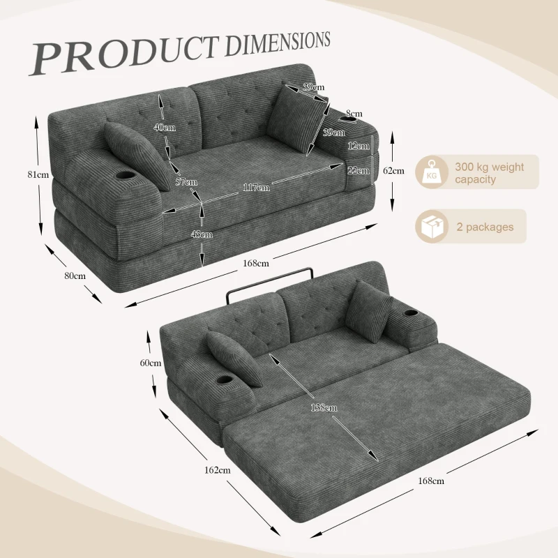 Corduroy Convertible Sofa Bed with Metal Frame and High-Density Foam, 2-Seater Sleeper Sofa with High Backrest, 168L x 80W x 81H cm, Dark Gray