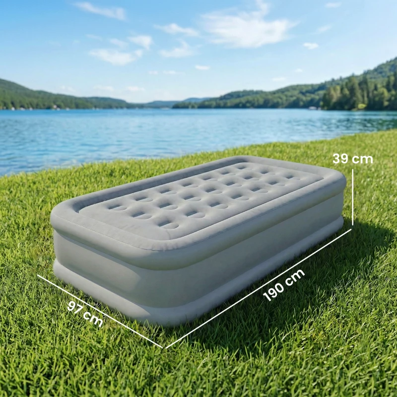 Outsunny Colchón Hinchable Individual Plegable con Bomba Inflado 3 Min Desinflado 2 Min Bolsa Carga 200 kg 190x97x39 cm Gris