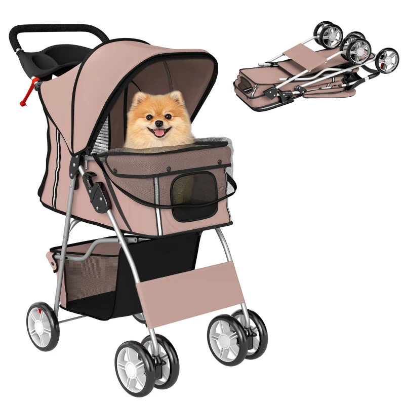 PawHut Hundewagen Faltbar Hundebuggy mit Reflektorstreif Aufbewahrungskorb Kissen für kleine Hunde bis 10 kg 77x44x102cm Kaffee