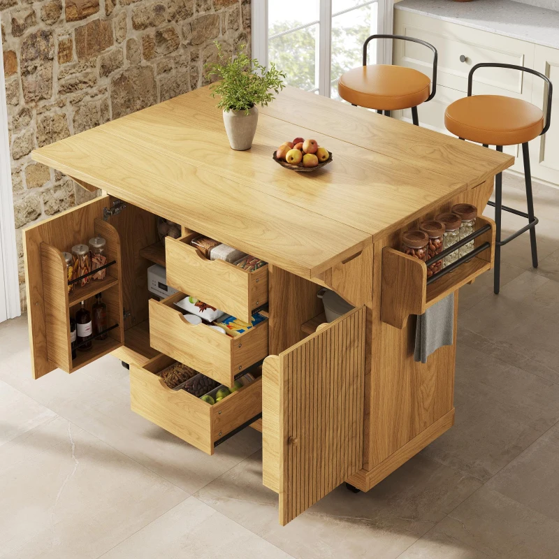 Foldable Serving Trolley with Ample Storage and Snack Racks, Mobile Kitchen Island for Balconies or Dining Room, 142.5L x 40W x 95H cm, Natural+Light Brown