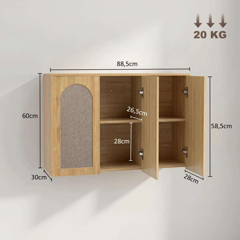HOMCOM Armario mural de baño bohemio con 3 puertas efecto ratán con cierre suave y estante regulable, roble