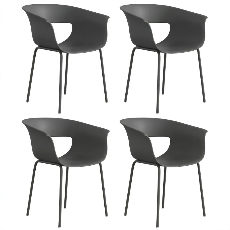 Outsunny Set 4 Scaune de Grădină, cu Brațe și Spătar Perforat, din PP și Metal, 61x51x74 cm, Gri Închis