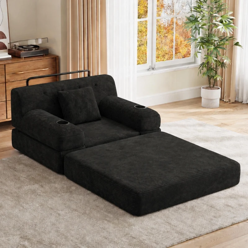 1-Seater Sleeper Sofa with Metal Frame and High-Density Foam, Single Convertible Chair Bed for Cosy Interiors, 107L x 80W x 81H cm, Black